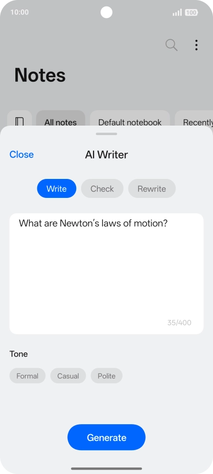 To generate a text, press Write. To generate a text, press Write.