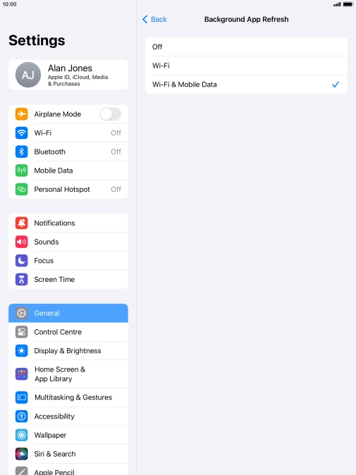 To turn off background refresh of apps, press Off. To turn off background refresh of apps, press Off.