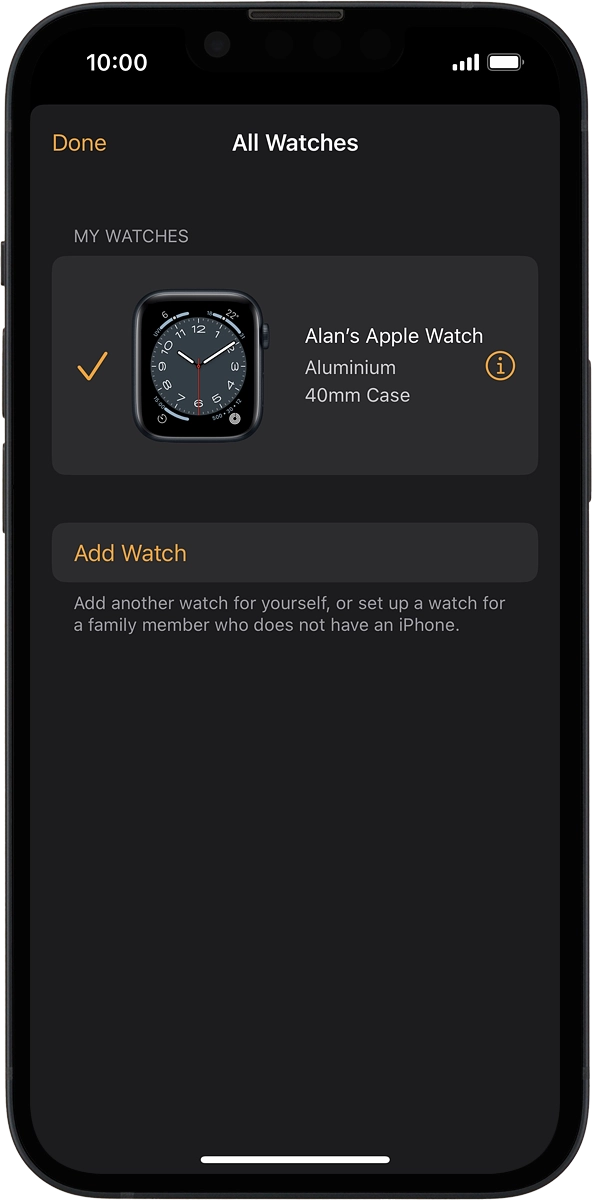 On your phone: Press the information icon next to the name of your Apple Watch. On your phone: Press the information icon next to the name of your Apple Watch.
