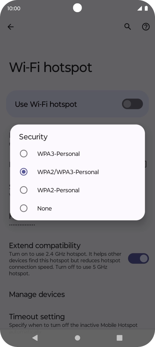 Press WPA3-Personal to password protect your Wi-Fi hotspot. Press WPA3-Personal to password protect your Wi-Fi hotspot.