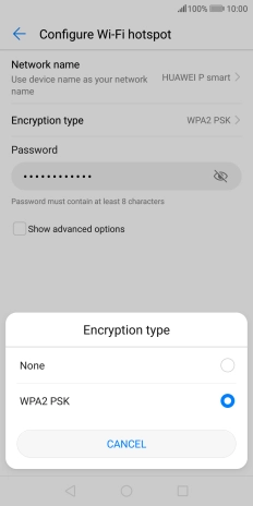 Press WPA2 PSK to password protect your Wi-Fi hotspot. Press WPA2 PSK to password protect your Wi-Fi hotspot.