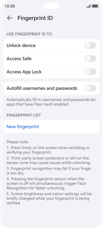 Press New fingerprint. Press New fingerprint.