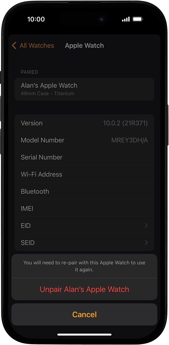 On your phone: Press Unpair Apple Watch and follow the instructions on the screen to unpair your Apple Watch and your phone. When prompted, key in the password for your Apple ID. On your phone: Press Unpair Apple Watch and follow the instructions on the screen to unpair your Apple Watch and your phone. When prompted, key in the password for your Apple ID.