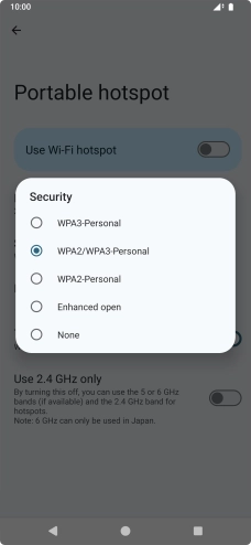Press WPA3-Personal to password protect your Wi-Fi hotspot. Press WPA3-Personal to password protect your Wi-Fi hotspot.