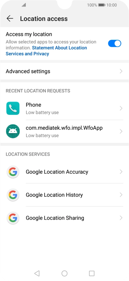 Press Google Location Accuracy. Press Google Location Accuracy.