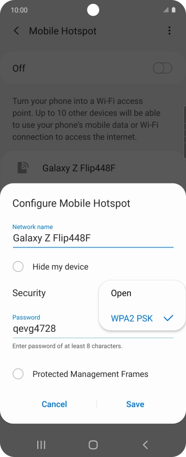 Press WPA2 PSK to password protect your Wi-Fi hotspot. Press WPA2 PSK to password protect your Wi-Fi hotspot.