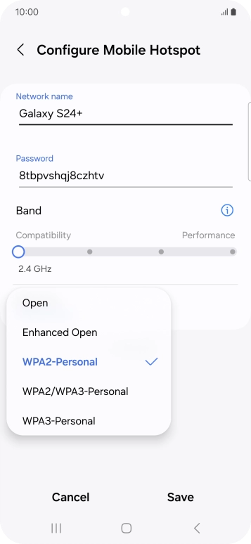 Press WPA3-Personal to password protect your Wi-Fi hotspot. Press WPA3-Personal to password protect your Wi-Fi hotspot.