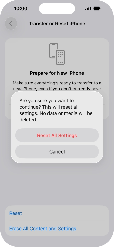 Press Reset All Settings. Wait a moment while the factory default settings are restored. Follow the instructions on the screen to set up your phone and prepare it for use. Press Reset All Settings. Wait a moment while the factory default settings are restored. Follow the instructions on the screen to set up your phone and prepare it for use.