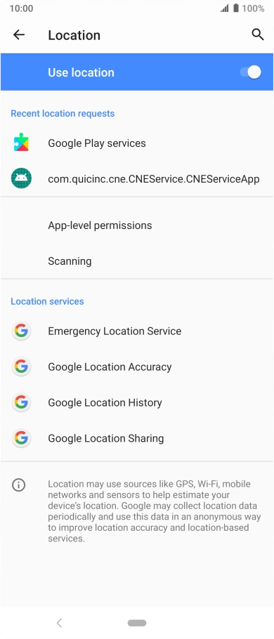 Press Google Location Accuracy. Press Google Location Accuracy.