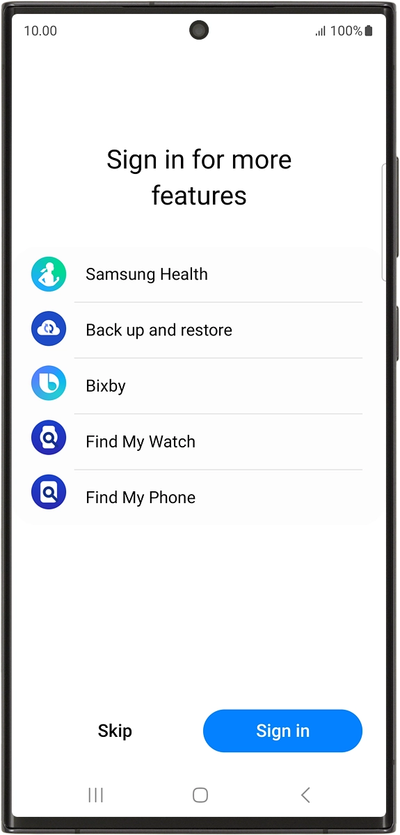 On your phone: Press Sign in and follow the instructions on the screen to log on with your Samsung account or to create a new Samsung account if don't have one already. On your phone: Press Sign in and follow the instructions on the screen to log on with your Samsung account or to create a new Samsung account if don't have one already.