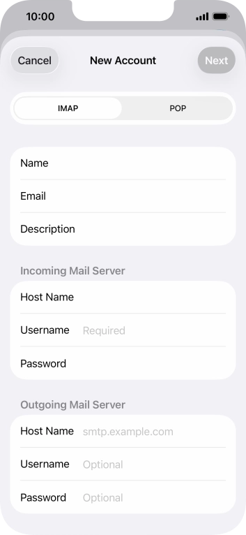 Press Username and key in the username for your email account. Press Username and key in the username for your email account.