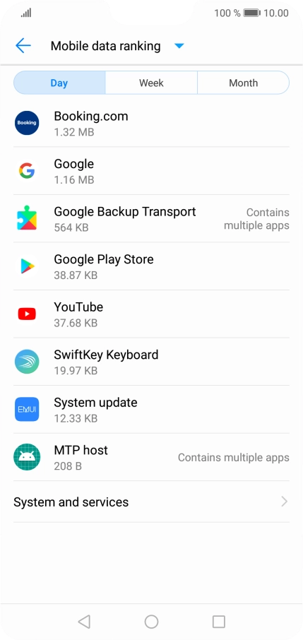 The data usage for each application is displayed below the name of the application. The data usage for each application is displayed below the name of the application.
