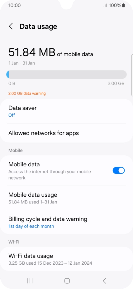 The total data usage is displayed. The total data usage is displayed.