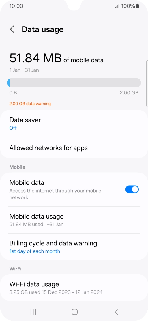 The total data usage is displayed. The total data usage is displayed.