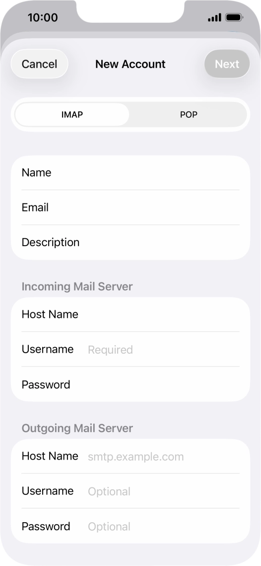 Press Username and key in the username for your email account. Press Username and key in the username for your email account.