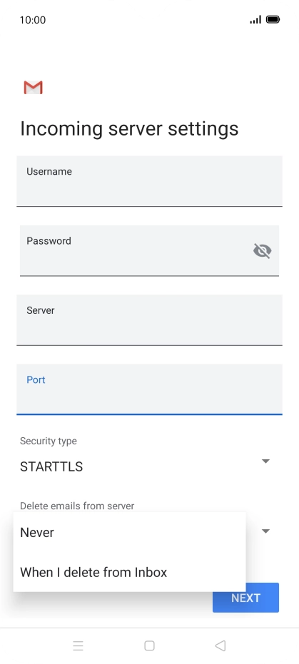 Press Never to keep email on the server when you delete them on your phone. Press Never to keep email on the server when you delete them on your phone.