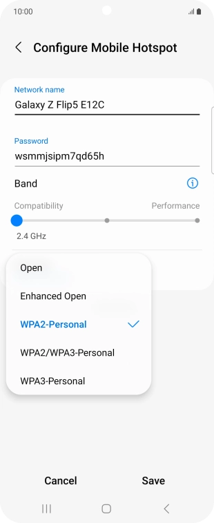 Press WPA3-Personal to password protect your Wi-Fi hotspot. Press WPA3-Personal to password protect your Wi-Fi hotspot.