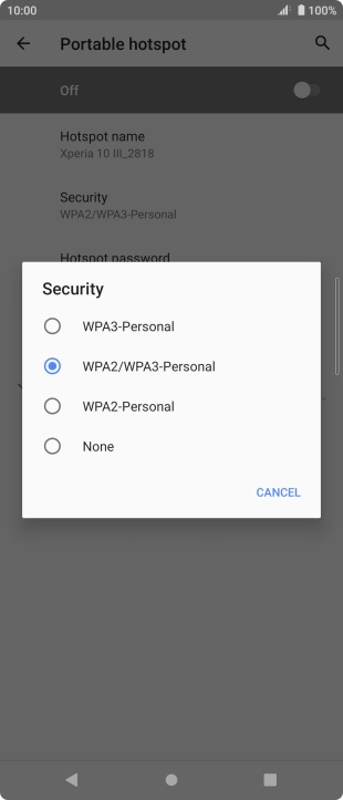 Press WPA3-Personal to password protect your Wi-Fi hotspot. Press WPA3-Personal to password protect your Wi-Fi hotspot.