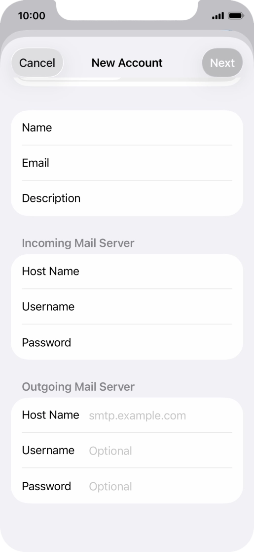 Press Host Name and key in the name of your email provider's outgoing server. Press Host Name and key in the name of your email provider's outgoing server.