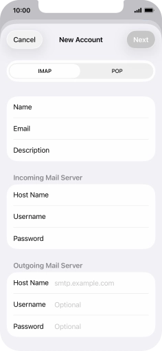 Press Host Name and key in the name of your email provider's outgoing server. Press Host Name and key in the name of your email provider's outgoing server.