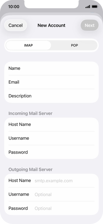Press Host Name and key in the name of your email provider's outgoing server. Press Host Name and key in the name of your email provider's outgoing server.