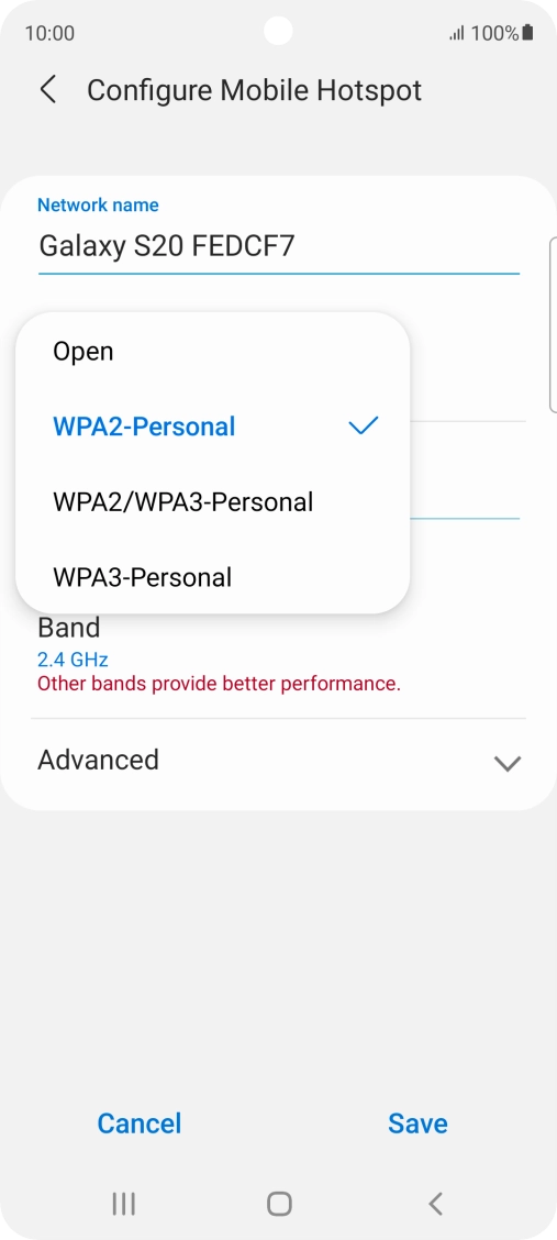 Press WPA3-Personal to password protect your Wi-Fi hotspot. Press WPA3-Personal to password protect your Wi-Fi hotspot.