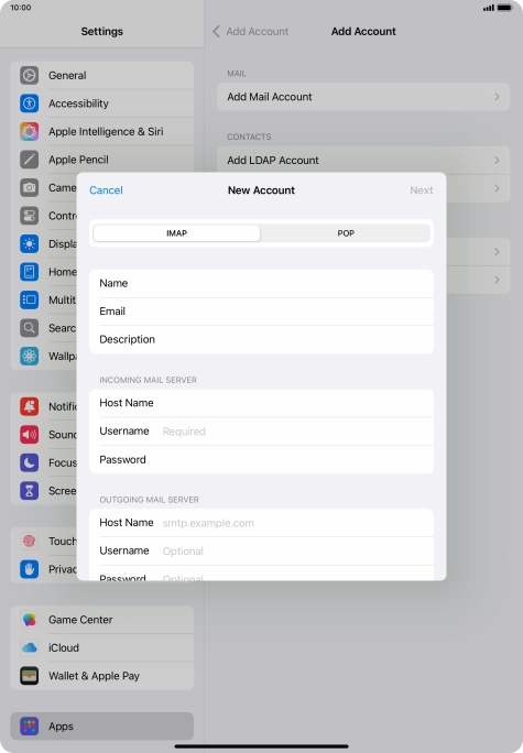 Press Username and key in the username for your email account. Press Username and key in the username for your email account.