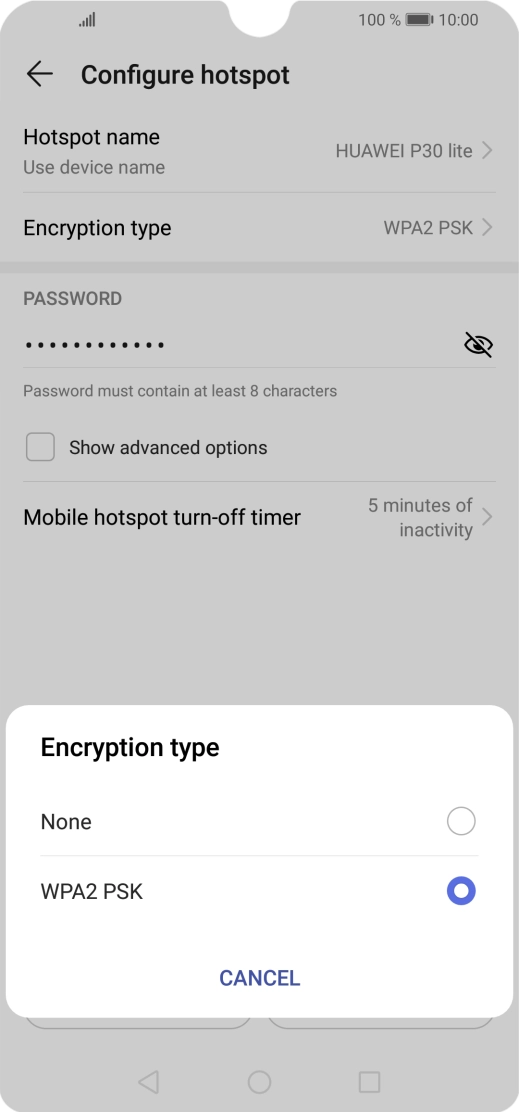 Press WPA2 PSK to password protect your Wi-Fi hotspot. Press WPA2 PSK to password protect your Wi-Fi hotspot.