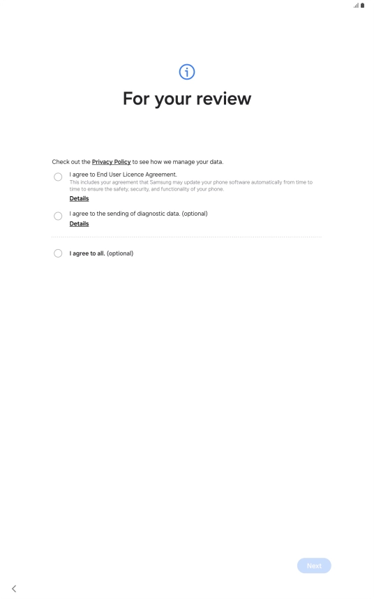 Press the fields next to the required settings to select them. Press the fields next to the required settings to select them.