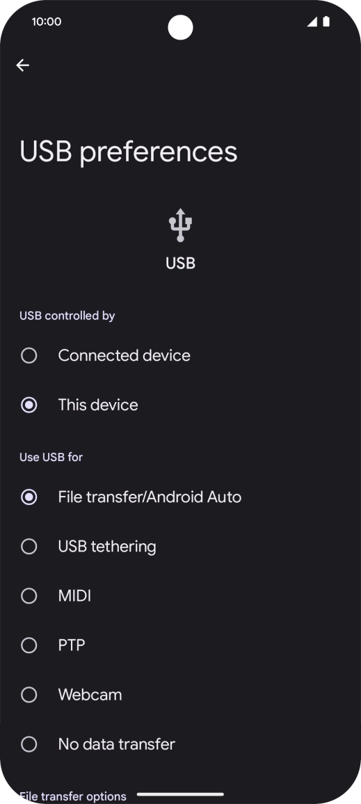 Press File transfer/Android Auto. Press File transfer/Android Auto.