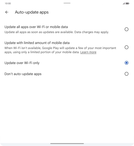 To turn on automatic update of apps using mobile network, press Update all apps over Wi-Fi or mobile data. To turn on automatic update of apps using mobile network, press Update all apps over Wi-Fi or mobile data.