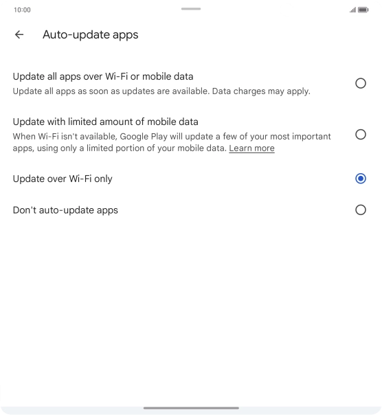 To turn on automatic update of apps using mobile network, press Update all apps over Wi-Fi or mobile data. To turn on automatic update of apps using mobile network, press Update all apps over Wi-Fi or mobile data.