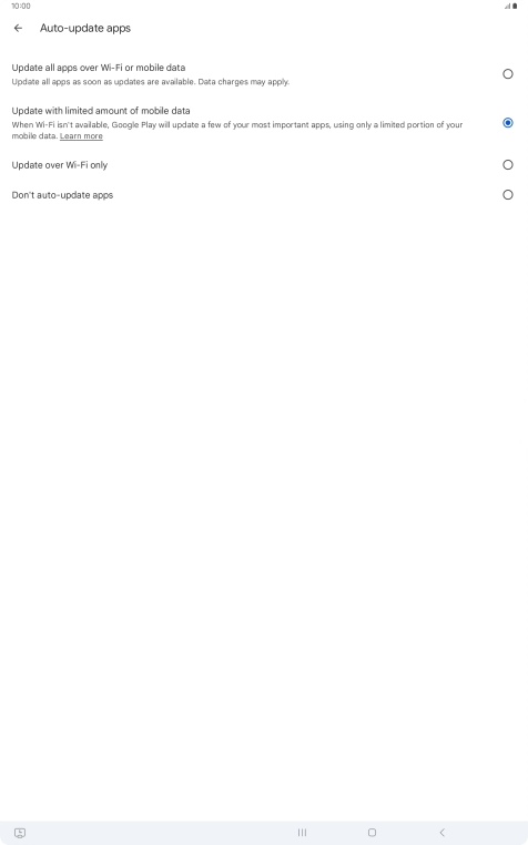 To turn on automatic update of apps using mobile network, press Update all apps over Wi-Fi or mobile data. To turn on automatic update of apps using mobile network, press Update all apps over Wi-Fi or mobile data.
