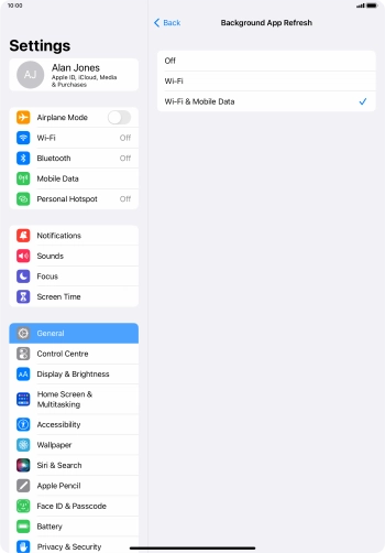 To turn off background refresh of apps, press Off. To turn off background refresh of apps, press Off.