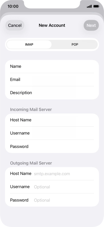 Press Host Name and key in the name of your email provider's outgoing server. Press Host Name and key in the name of your email provider's outgoing server.