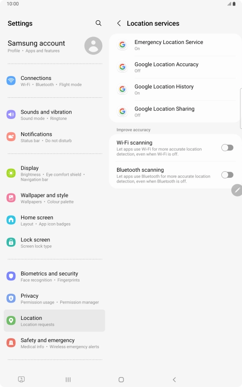 Press Google Location Accuracy. Press Google Location Accuracy.