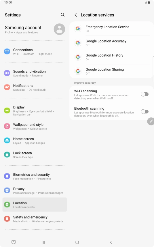Press Google Location Accuracy. Press Google Location Accuracy.