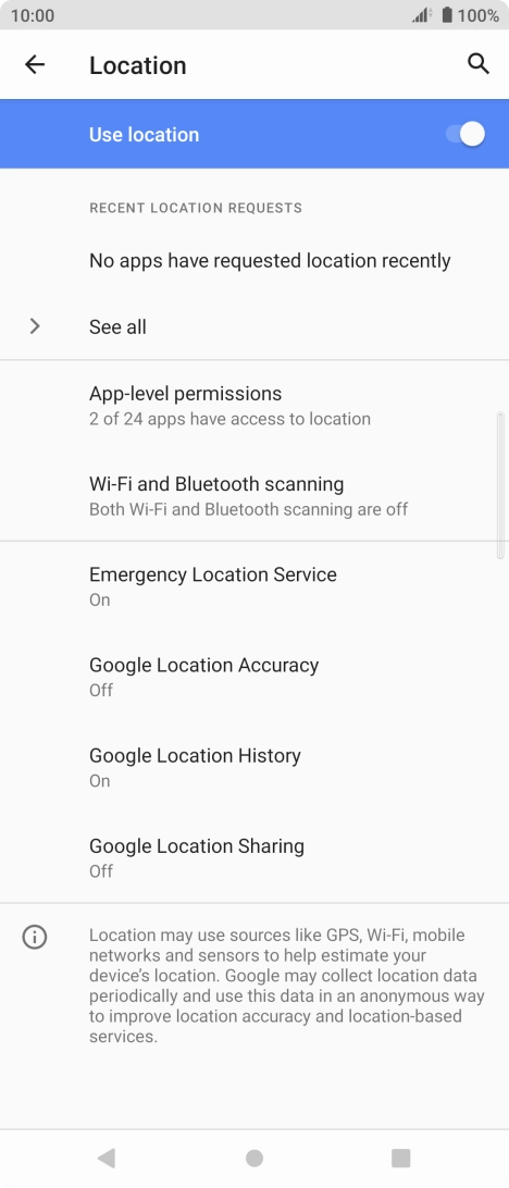 Press Google Location Accuracy. Press Google Location Accuracy.