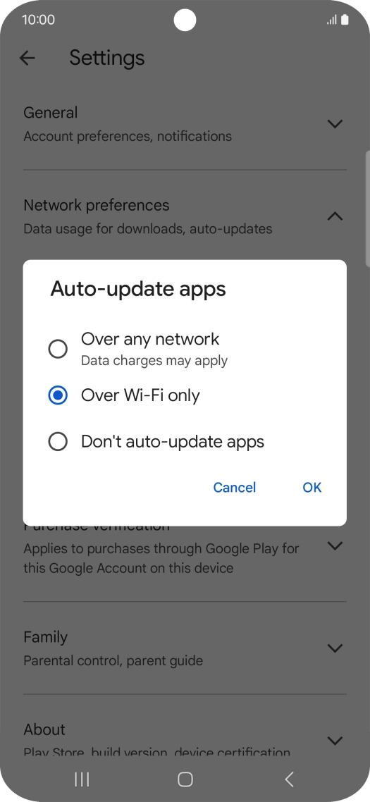 To turn on automatic update of apps using mobile network, press Over any network. To turn on automatic update of apps using mobile network, press Over any network.