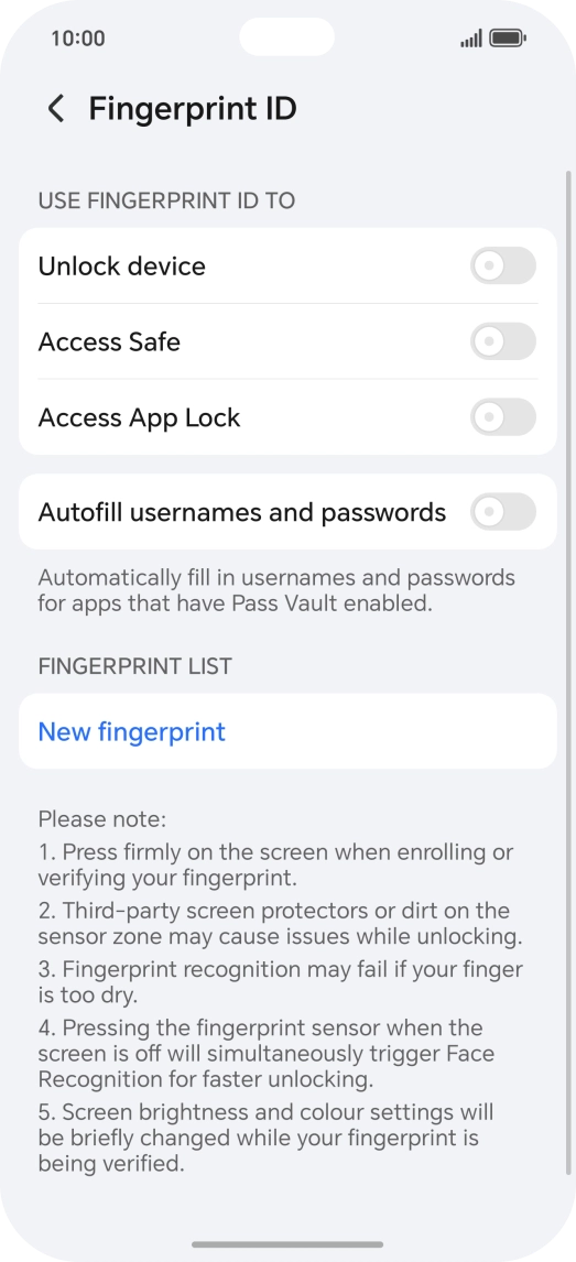 Press New fingerprint. Press New fingerprint.