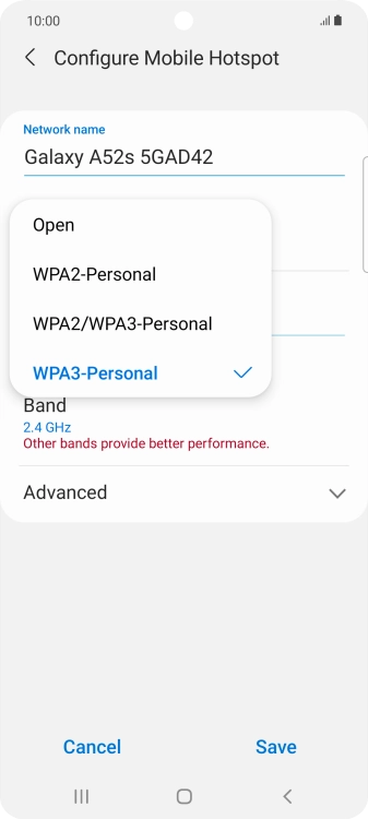 Press WPA3-Personal to password protect your Wi-Fi hotspot. Press WPA3-Personal to password protect your Wi-Fi hotspot.
