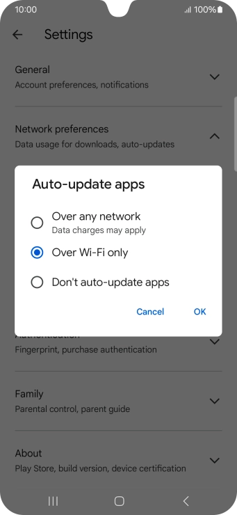 To turn on automatic update of apps using mobile network, press Over any network. To turn on automatic update of apps using mobile network, press Over any network.