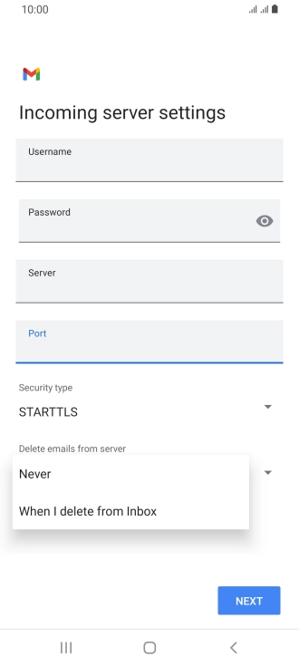 Press Never to keep email on the server when you delete them on your phone. Press Never to keep email on the server when you delete them on your phone.