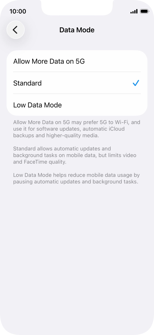Press the required setting. Press the required setting.