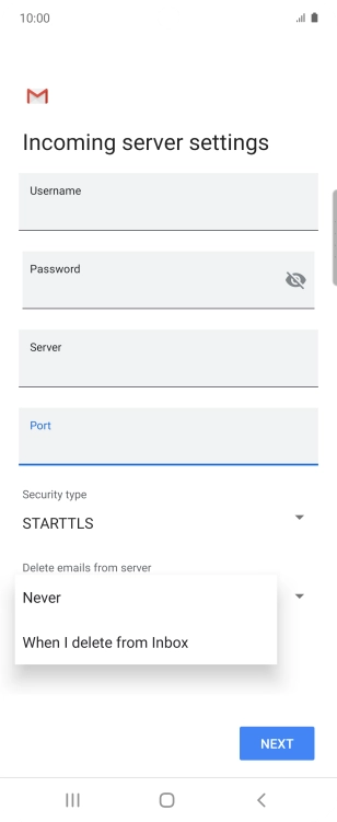 Press Never to keep email on the server when you delete them on your phone. Press Never to keep email on the server when you delete them on your phone.