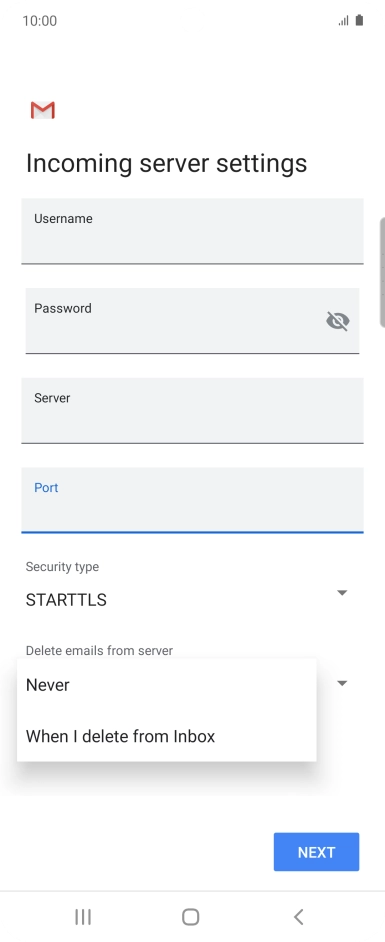 Press Never to keep email on the server when you delete them on your phone. Press Never to keep email on the server when you delete them on your phone.