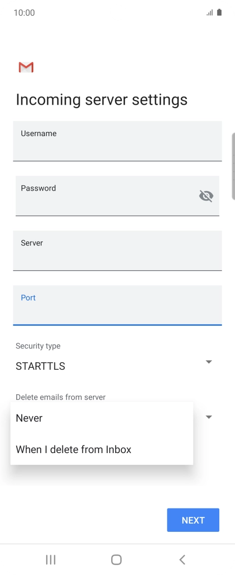 Press Never to keep email on the server when you delete them on your phone. Press Never to keep email on the server when you delete them on your phone.