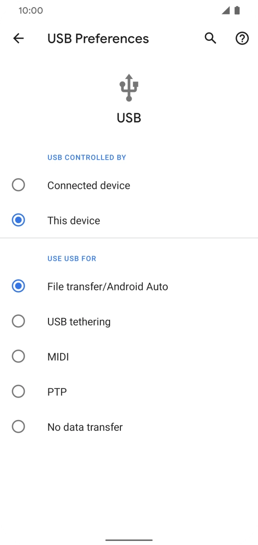 Press File transfer/Android Auto. Press File transfer/Android Auto.