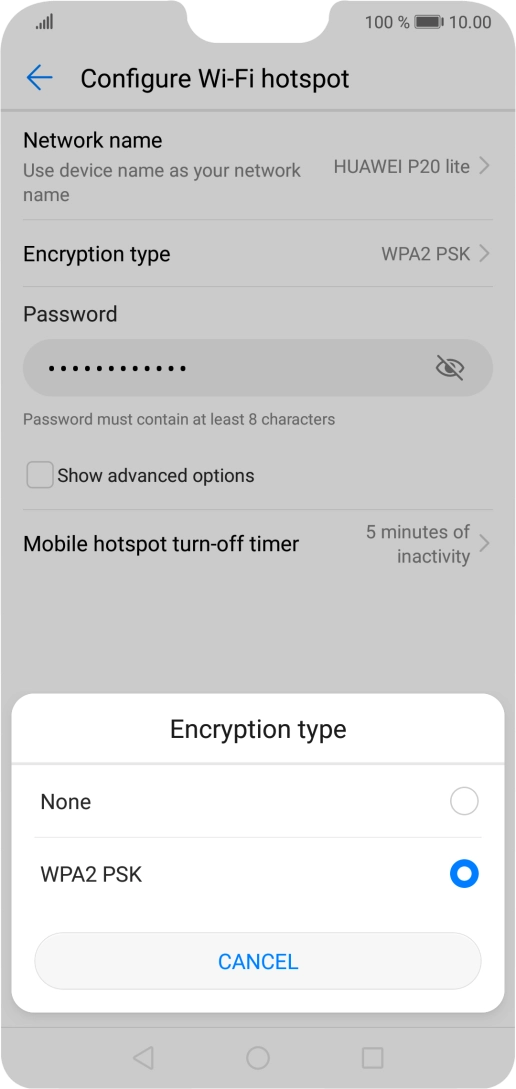 Press WPA2 PSK to password protect your Wi-Fi hotspot. Press WPA2 PSK to password protect your Wi-Fi hotspot.