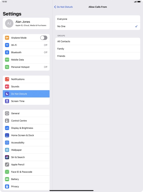 Press the required setting to select which contacts can call you even though Do Not Disturb is turned on. Press the required setting to select which contacts can call you even though Do Not Disturb is turned on.